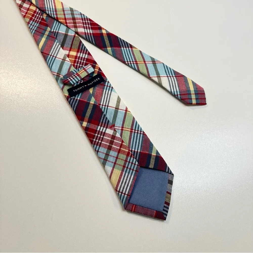 Vintage Tommy Hilfiger Plaid Madras Tie Summer Fall Tie Red Blue Yellow Preppy